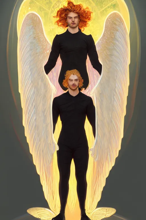 Image similar to symmetrical fullbody portrait of a beautiful young fit male angel with curly blond hairs, fulldressed in long fluent clothes, majestic big red bat wings, luminous fire halo, by greg rutkowski and alphonse mucha, gradient white to gold, in front of an iridescent background, highly detailed portrait, digital painting, artstation, concept art, smooth, sharp focus illustration