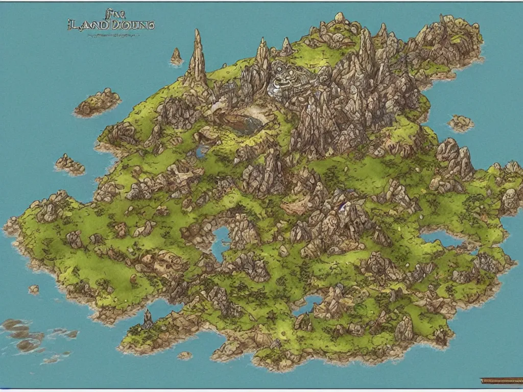 Prompt: an isometric fantasy map of an island, the land of Odrua, uncluttered, bordered by ocean, continent with mountains lakes hills and cities, by brian froud by jrr tolkien in the dungeons and dragons and disney styles