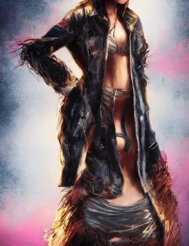 Prompt: digital illustration of a girl with eyes that burn like cigarettes wearing a short skirt and a long jacket with fingernails that shine like justice, dramatic lighting, photorealistic, extreme detail, 4 k, colorful, artgerm