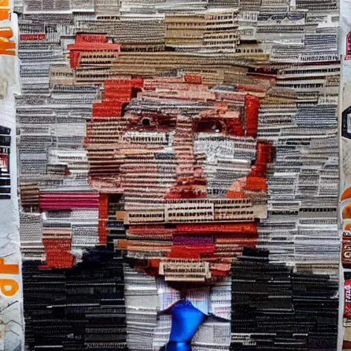 Image similar to a portrait of a donald trump constructed from mcdonalds packaging, collage, trash, layered composition, layers, texture, mcu,, highly textured, layered, sculpted, dynamic,