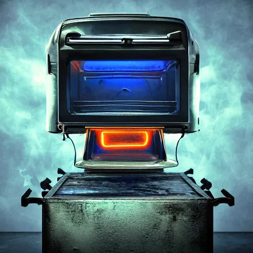 Image similar to toaster oven mecha head, dark messy smoke - filled cluttered workshop, dark, dramatic lighting, orange tint, sparks, cinematic, highly detailed, sci - fi, futuristic, movie still