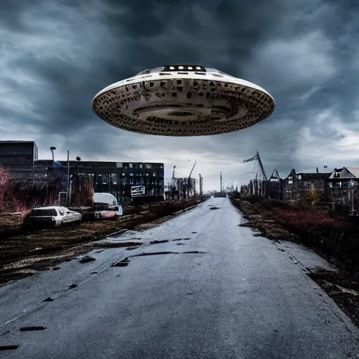 Prompt: a UFO attacking Leeuwarden, Post apocalyptic, Cinematic, Beautiful lights