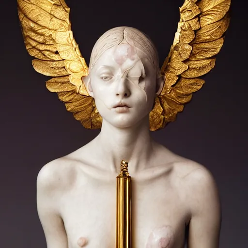 Image similar to a statue made of gold veins marble, of an beautiful angel girl with an sword, perfect symmetrical body, perfect symmetrical face, no eyes, hyper realistic, hyper detailed, fujicolor superia 1 6 0 0 photo, full body shot, by peter kemp, by monia merlo