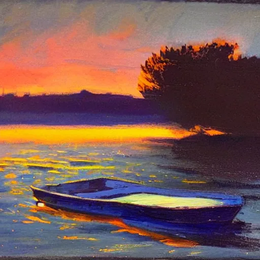 Image similar to a small boat under a moonlit sky with shimmering water. beautiful use of light and shadow to create a sense of depth and movement. using energetic brushwork and a limited color palette, providing a distinctive look and expressive quality in a rhythmic composition