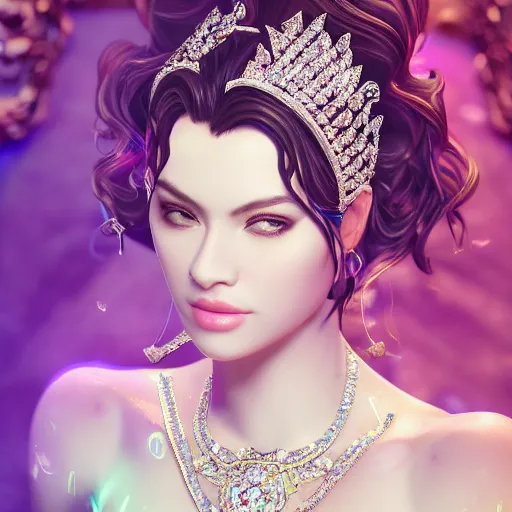 Image similar to portrait of wonderful princess of diamond with fair skin, ornate with diamonds, 8 k, gorgeous, intricate, detailed, glowing white accent lighting, dramatic lighting, octane render