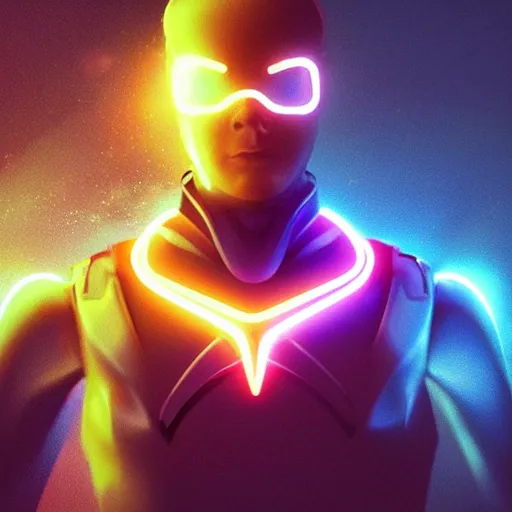 Prompt: “ Neon hero by concept art, sci-fi , highly detailed face and eyes, mythologic figures, night background, illumination, focus shot, Artstation HD”