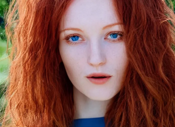 Prompt: close up portrait photograph of a anesthetic beautiful!!! thin young redhead woman with russian descent, sunbathed skin, symmetric face!! with deep blue ((Symmetric round eyes!! )) . Wavy long maroon colored hair. she looks directly at the camera. Slightly open mouth, face takes up half of the photo. a park visible in the background. 55mm nikon. Intricate. Very detailed 8k texture. Sharp. Cinematic post-processing. Award winning portrait photography. Sharp eyes.