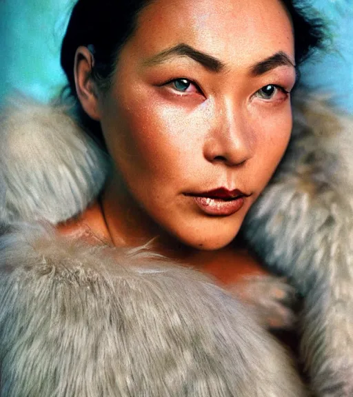 Prompt: vintage_closeup portrait_photo_of_a_stunningly beautiful_inuit_woman with amazing shiny eyes, hyper detailed by Annie Leibovitz