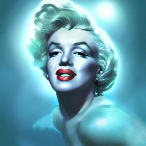 Image similar to Marilyn Monroe, underwater in the ocean at night, dark water, volumetric lighting, glowing lights, 4k, octane, digital painting, artstation, concept art, sharp focus, illustration, cinematic film still, art by artgerm and greg rutkowski and alphonse mucha , wide angle view,