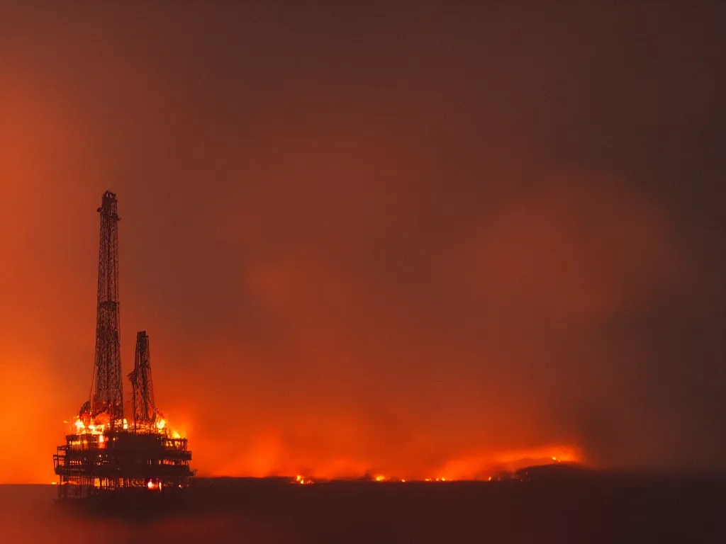 Prompt: “photography of oil rig on fire , fog, night, mood, atmospheric, full of colour, digital photography”