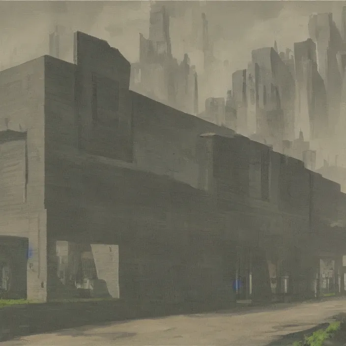 Image similar to a building in a serene landscape, dieselpunk