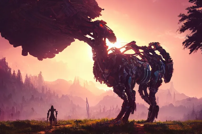 Prompt: tallneck machine creature robot of horizon forbidden west horizon zero dawn radiating a glowing aura global illumination ray tracing hdr fanart arstation by ian pesty and alena aenami artworks in 4 k