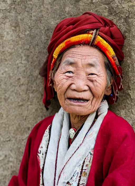 Prompt: Mid-shot portrait of a 70-year-old woman from Tibet wearing a traditional outfit, candid street portrait in the style of Martin Schoeller award winning, Sony a7R