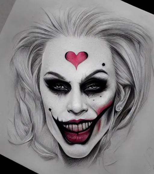 Image similar to tattoo design sketch of a beautiful blonde female portrait with joker makeup, in the style of den yakovlev, realistic face, black and white, realism tattoo, hyper realistic, highly detailed