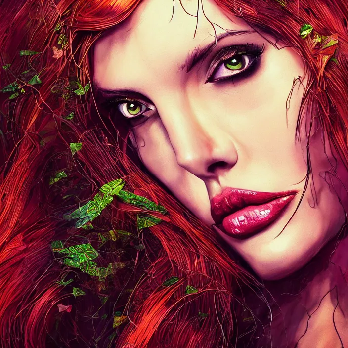 Image similar to portrait of Angelina Jolie as Poison Ivy. intricate abstract. intricate artwork. by Tooth Wu, wlop, beeple, dan mumford. octane render, trending on artstation, greg rutkowski very coherent symmetrical artwork. cinematic, hyper realism, high detail, octane render, 8k, iridescent accents