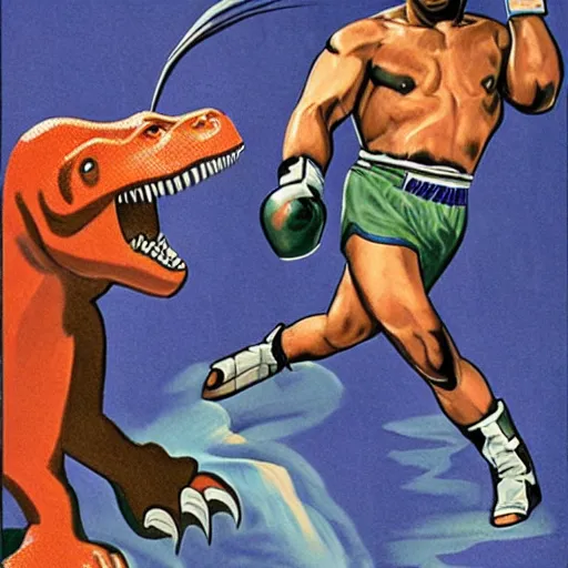 Image similar to art deco portrait of mike tyson fighting a dinosaur