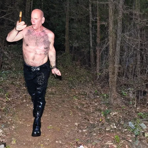 Image similar to drunk Bruce Willis wearing only a punk tutu and make up, lost in the woods, caught on a trail cam