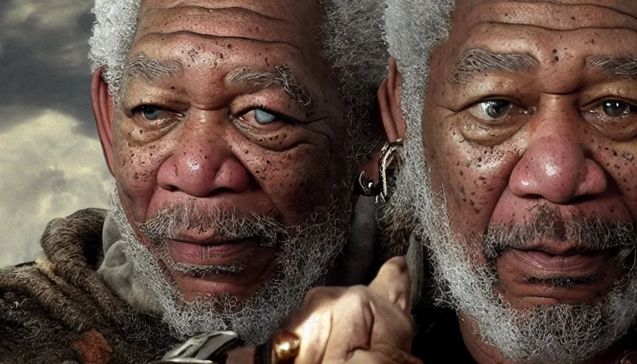 Prompt: morgan freeman starring as gimli in lord of the rings, full body, cnn news footage.