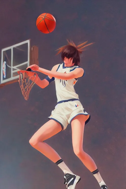 Image similar to A ultradetailed beautiful panting of a stylish girl dunking a basketball, Oil painting, by Ilya Kuvshinov, Greg Rutkowski and Makoto Shinkai