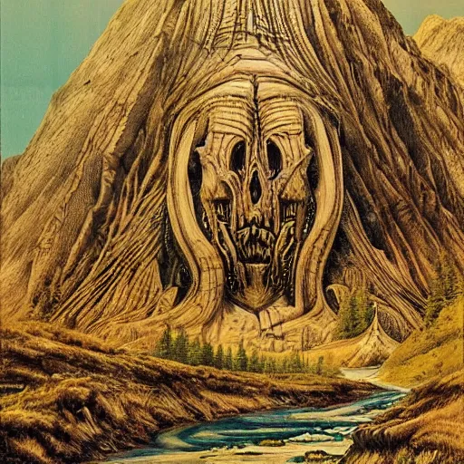 Image similar to A large picturesque mountain with a river flowing between them by HR Giger