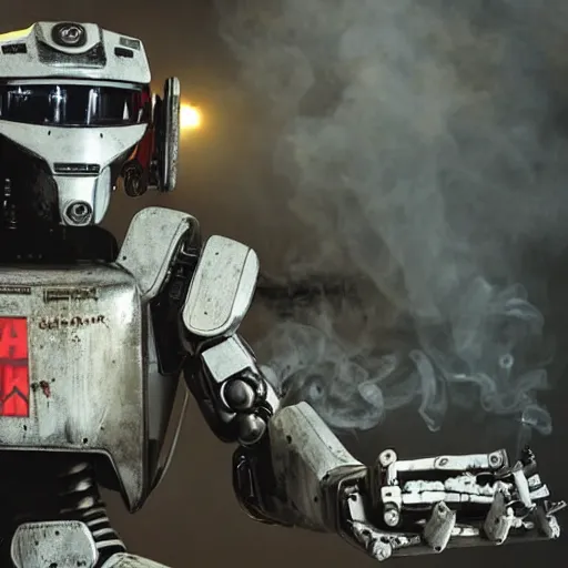 Image similar to chappie the robot, smoking a cigarette, tons of smoke