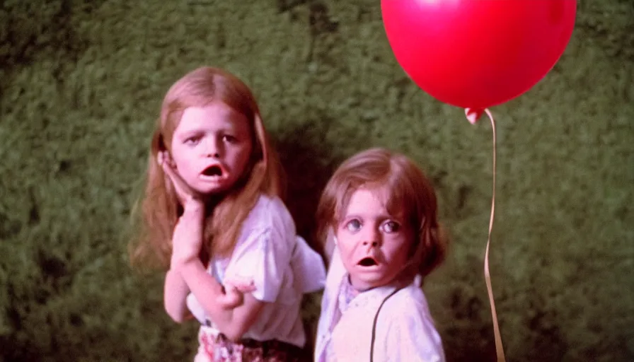 Prompt: 7 0 s film still from a horror movie featuring a child holding a skull and balloon, kodachrome, cinecolor, cinestill, photorealism, cinematic, film grain, film texture, vhs recording