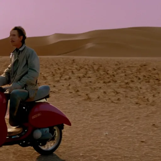 Image similar to a man in a red bomber jacket riding a moped through the desert, film still by Wes Anderson