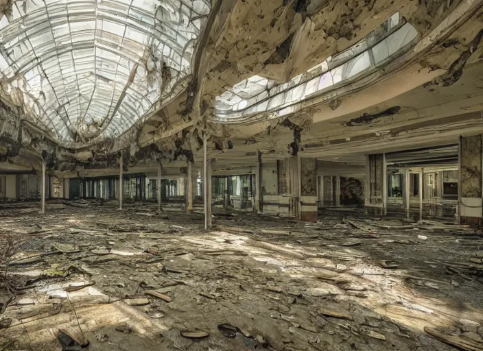 Image similar to interior of an abandoned mall in the 1 9 8 0 s, taken over by nature, nature style, hyperrealistic and beautiful painting, 8 k resolution, by hugh ferris and john smith, polished, fine detail, intricate, smooth, octane, concept art, trending on artstation