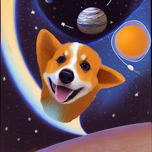 Prompt: portrait of a corgi cosmonaut with stars and planets in the background, highly detailed, ralph mcquarrie