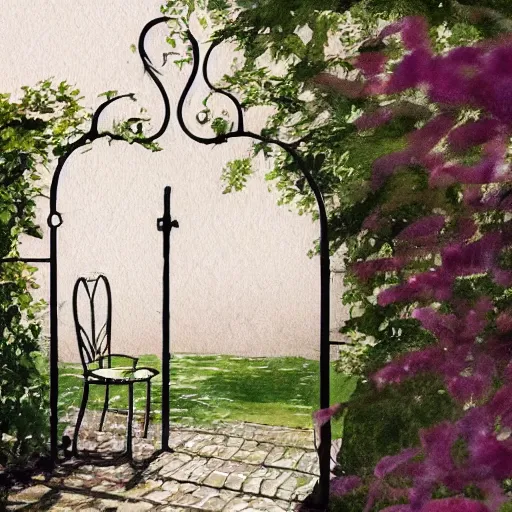 Prompt: out of focus, delicate, chairs, garden, paved, botanic watercolors, iridescent, 8 k, realistic shaded, fine details, artstation, italian, iron gate, tree, mediterranean