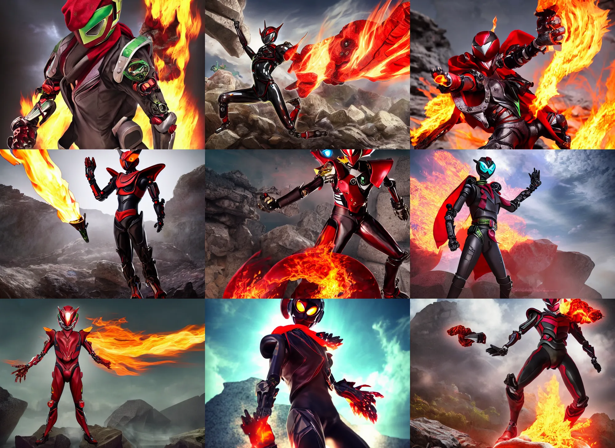 Prompt: Realistic Kamen Rider with a red scarf of fire billowing behind him standing in a rock quarry doing a henshin pose, full body single character, League of Legends Character Splash Art, rubber suit, biomechanical, Arcane style, good value control, high quality, 4k, ultra realistic, highly detailed, illustration, matte painting, rule of thirds, centered, cinematography