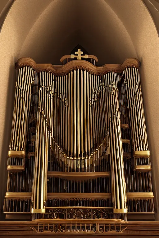 Prompt: a detailed render of an isolated lonely marble pipe organ in a church, with large golden pipes, trending on artstation, render, 3 d, octane, 4 k, 8 k, unreal engine, cinema 4 d