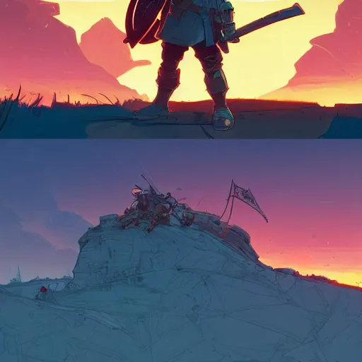 Image similar to cell shaded cartoon, warrior watching the sunrise over a battlefield,, illustration, wide shot, subtle colors, concept art by josan gonzales and wlop, laurie greasley, jordan grimmer and james jean, highly detailed, sharp focus, trending on artstation, hq, deviantart, art by artgem, in the style of breath of the wild