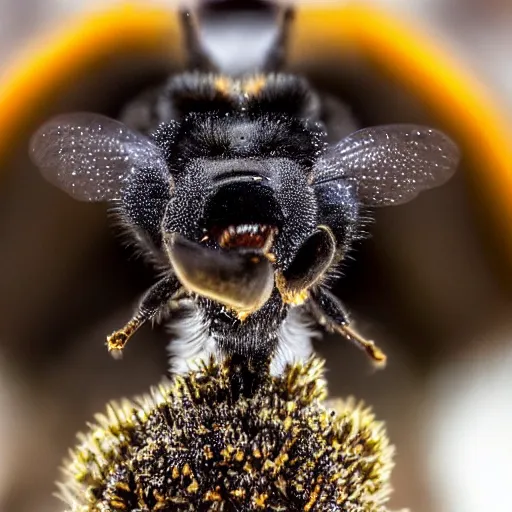 Image similar to macro photography of a bee landing on the dog's pollen covered nose. bokeh. contest winning photography. 8 k. hyper - realistic