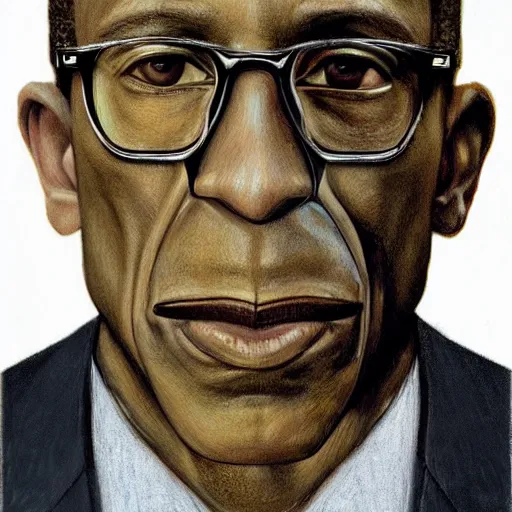 Prompt: realistic detailed portrait of gus fring with half of his face replaced by robotic parts