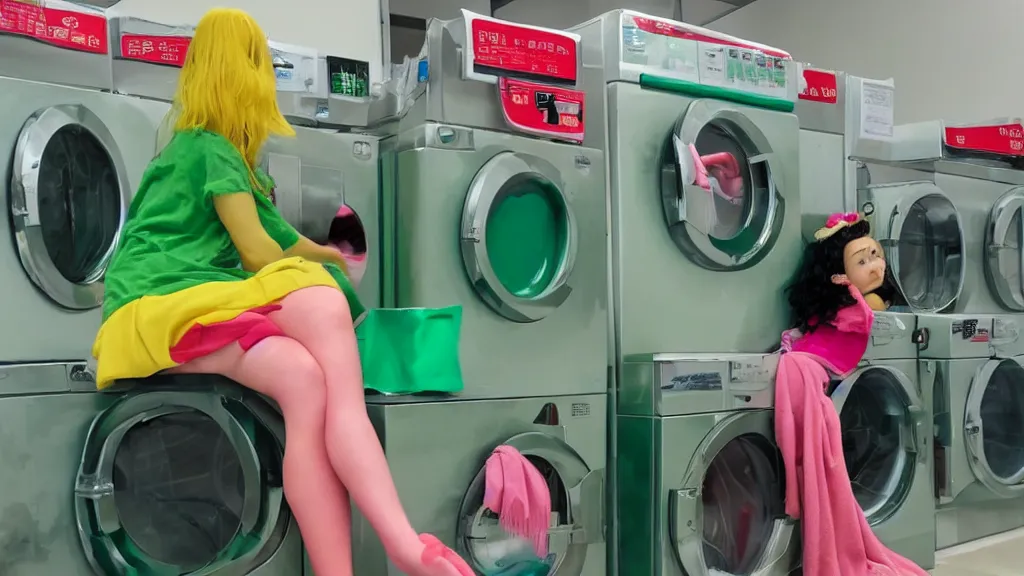 Prompt: a girl with green hair sitting on top of a washing machine in a laundromat in the style of Tsuguharu Fujita, pink yellow red and green