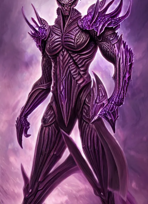 Image similar to muscular and tall purple ghostly fire humanoid dragon!!!! draconian!! intricate ornate iridescent heavy armor!! character concept art, sharp focus, octane render! unreal engine 5! highly rendered!! trending on artstation!! detailed linework!! illustration by artgerm, wlop, and chie yoshii