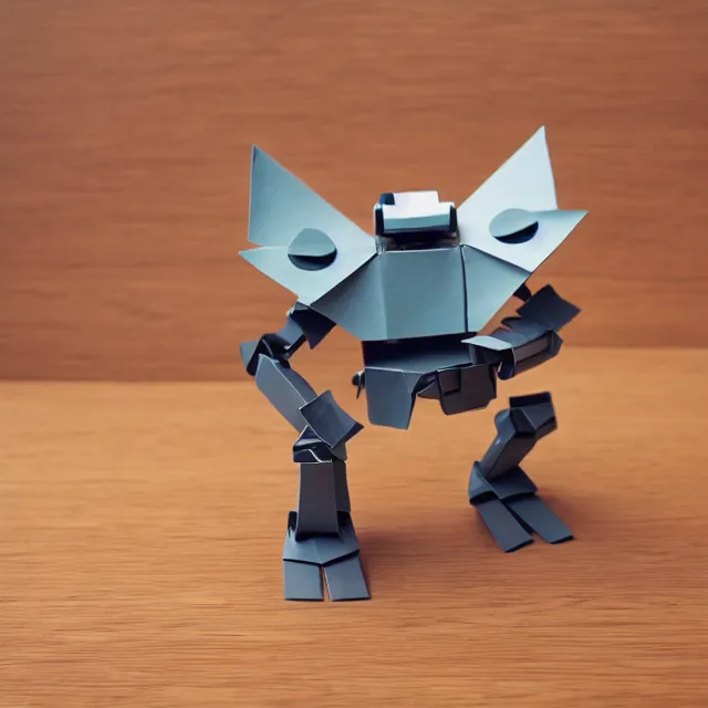 Image similar to a photograph of an origami of a cool robot playing a roland synthesizer on top of a wooden table