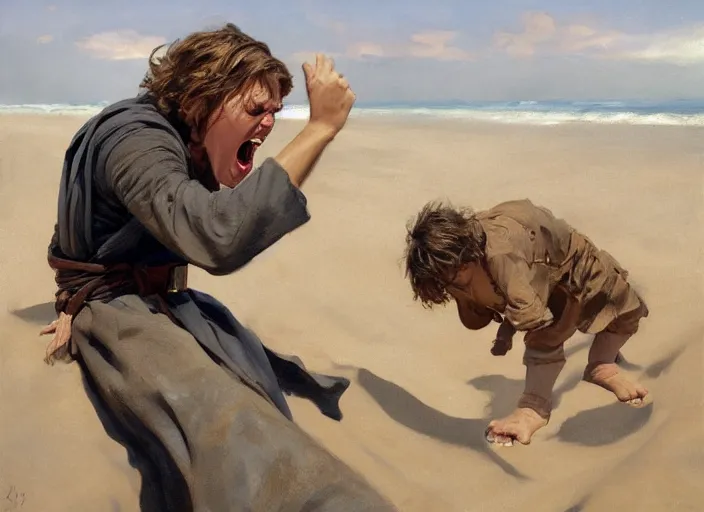 Image similar to a highly detailed beautiful portrait of anakin skywalker screaming and crying at sand, by gregory manchess, james gurney, james jean