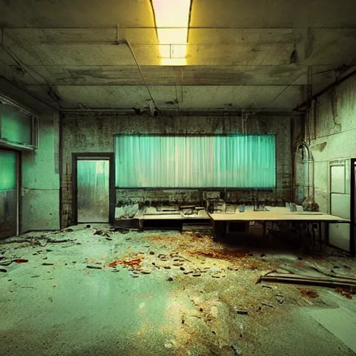 Image similar to “derelict laboratory , neon lighting , broken lights, a body on the floor, muted tones, volumetric lighting, photorealism, high detail, golden ratio, cinematic, octane renderer”