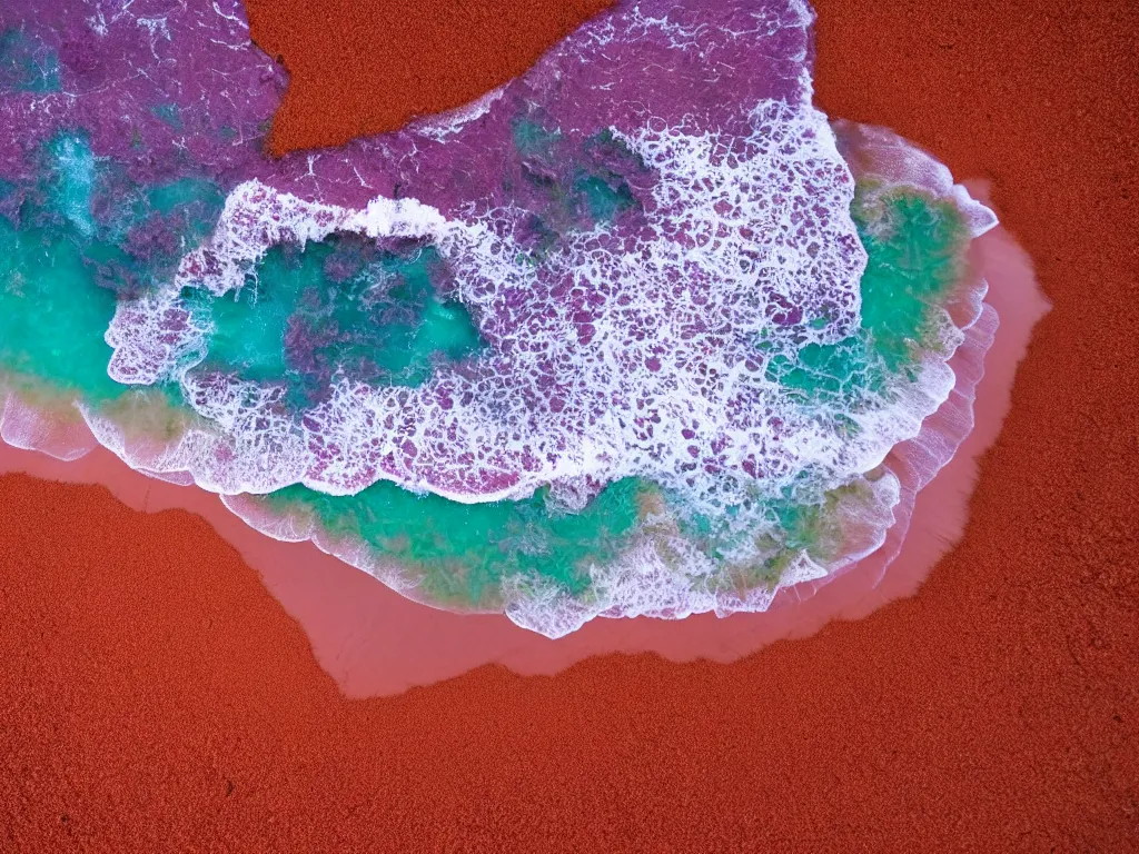 Image similar to purple table, red sand beach, green ocean, nebula sunset