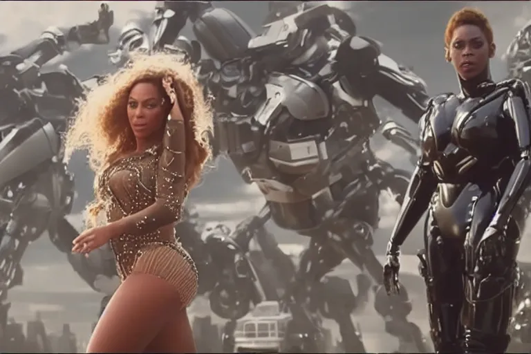 Prompt: VFX movie where Beyoncé is a giant robot