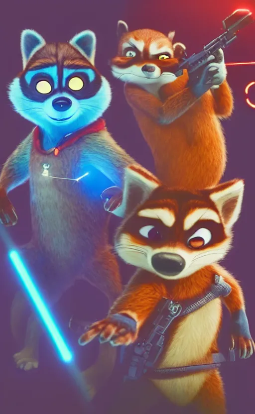 Image similar to “red racoon holding laser gun standing face to face off with blue racoon holding laser gun, cinematic, dramatic in the style of zootopia”