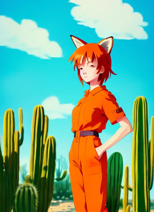 Image similar to portrait of cute redhead girl in orange jumpsuit with fox ears by ilya kuvshinov, holding a cactus, cloudy sky background lush landscape illustration concept art anime key visual trending pixiv fanbox by wlop and greg rutkowski and makoto shinkai and studio ghibli