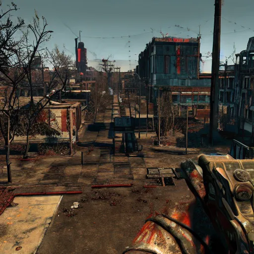 Image similar to Helmond in ruins post-nuclear war in Fallout 4, in game screenshot