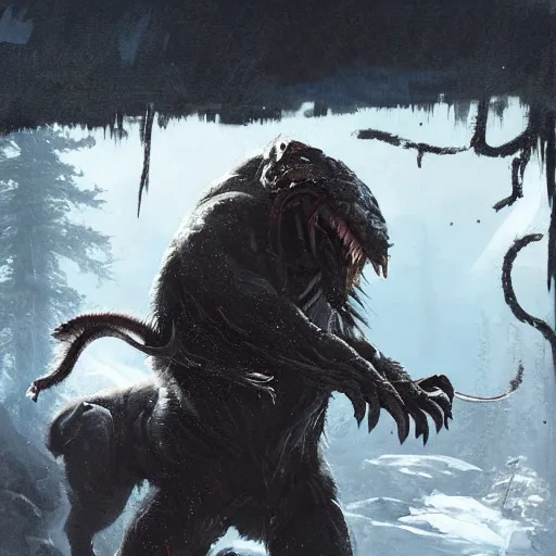 Image similar to An image of The predator from Prey Movie, attacking the bear, Greg Rutkowski, Ditigal Art, trendstation