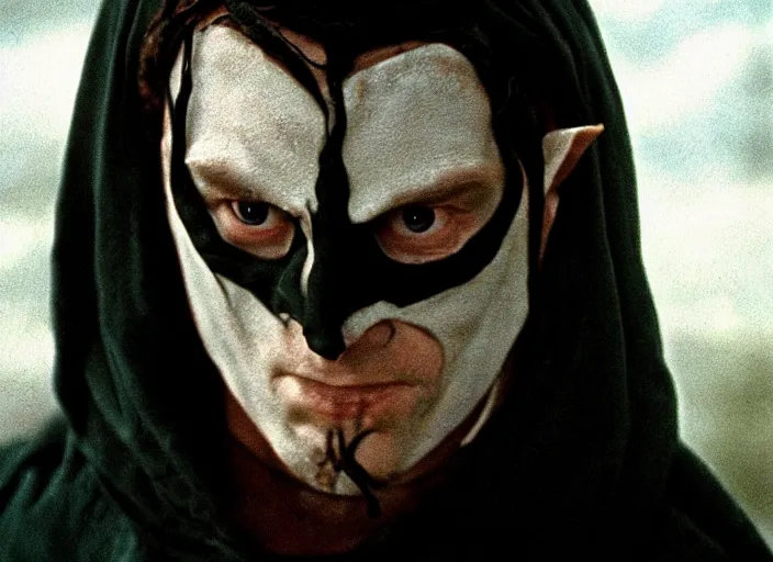 Image similar to white man with black fabric mask, short dark hair, true anatomy!, photorealistic, film still, style of lord of the ring by peter jackson - h 7 6 8