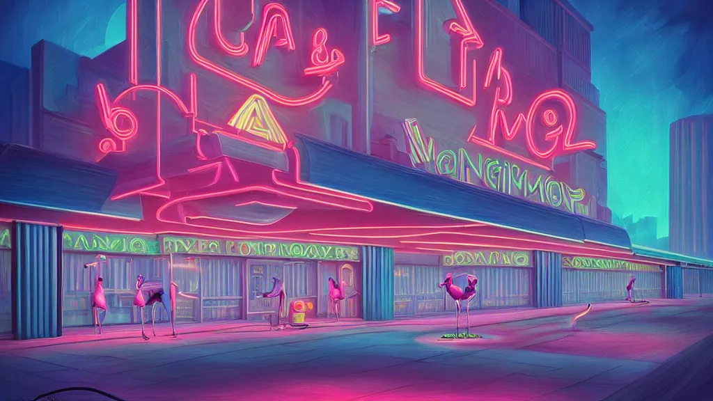 Image similar to art deco bowling alley, neon flamingo, ultra detail, photoreal, soft moonlight lighting, realistic, wide angle, sharp focus, 8 k high definition, insanely detailed, intricate, elegant, art by artgerm and wlop