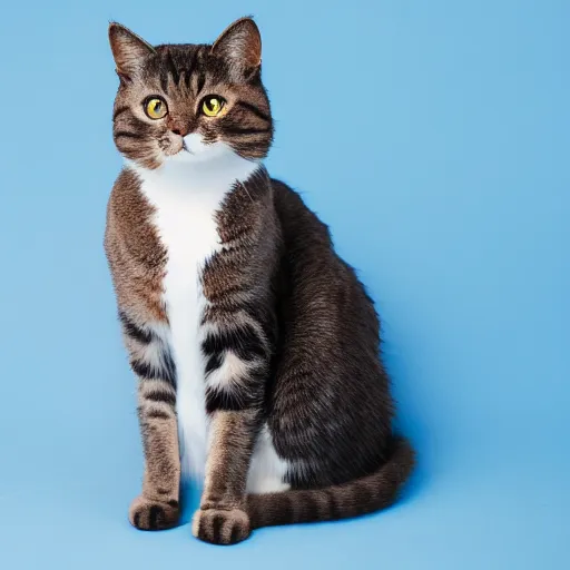 Prompt: photograph of a cat Infront of a blue background