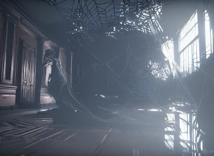 Prompt: large spider web infested hallway in destiny 2, liminal, dark, dystopian, abandoned, highly detailed 4 k 6 0 fps in - game destiny 2 gameplay screenshot leak